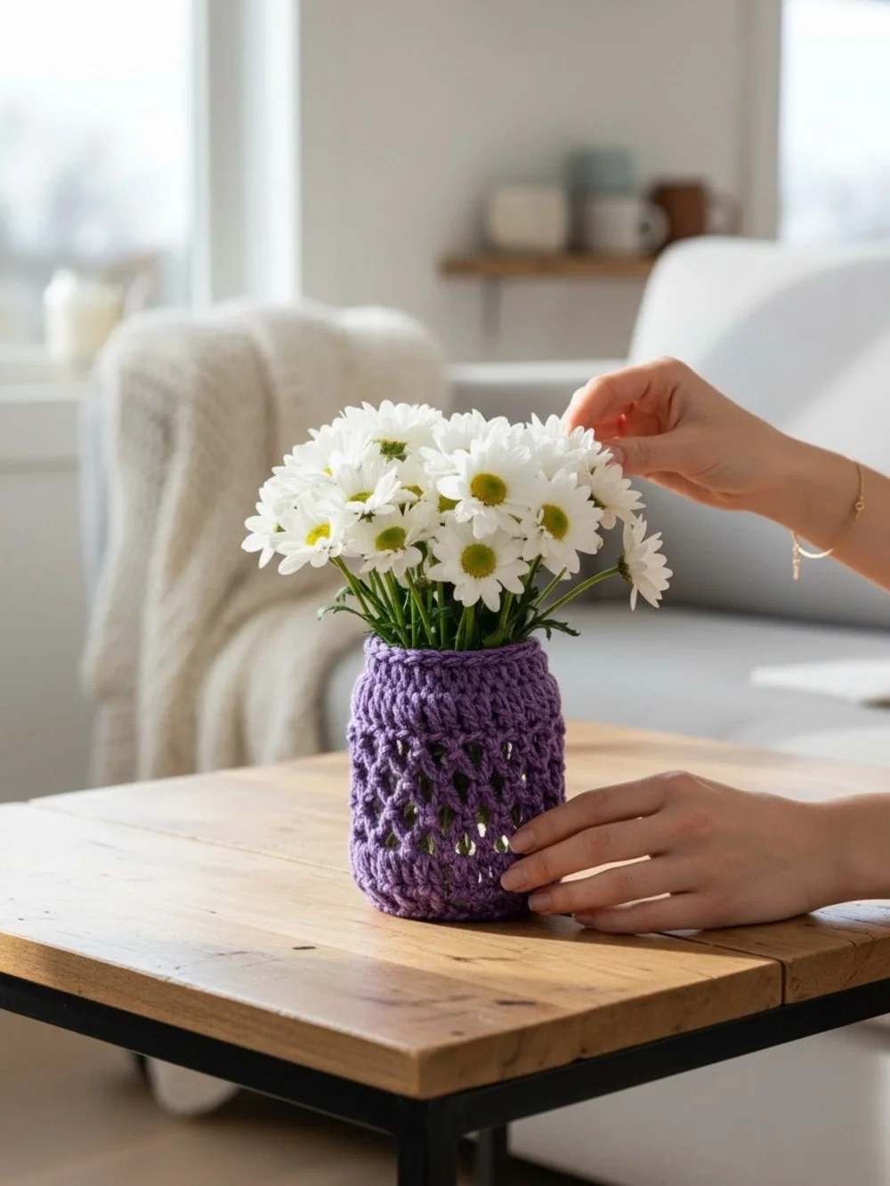 Vase Container Cover Handmade Crochet Purple Boho - Picture 2 of 11